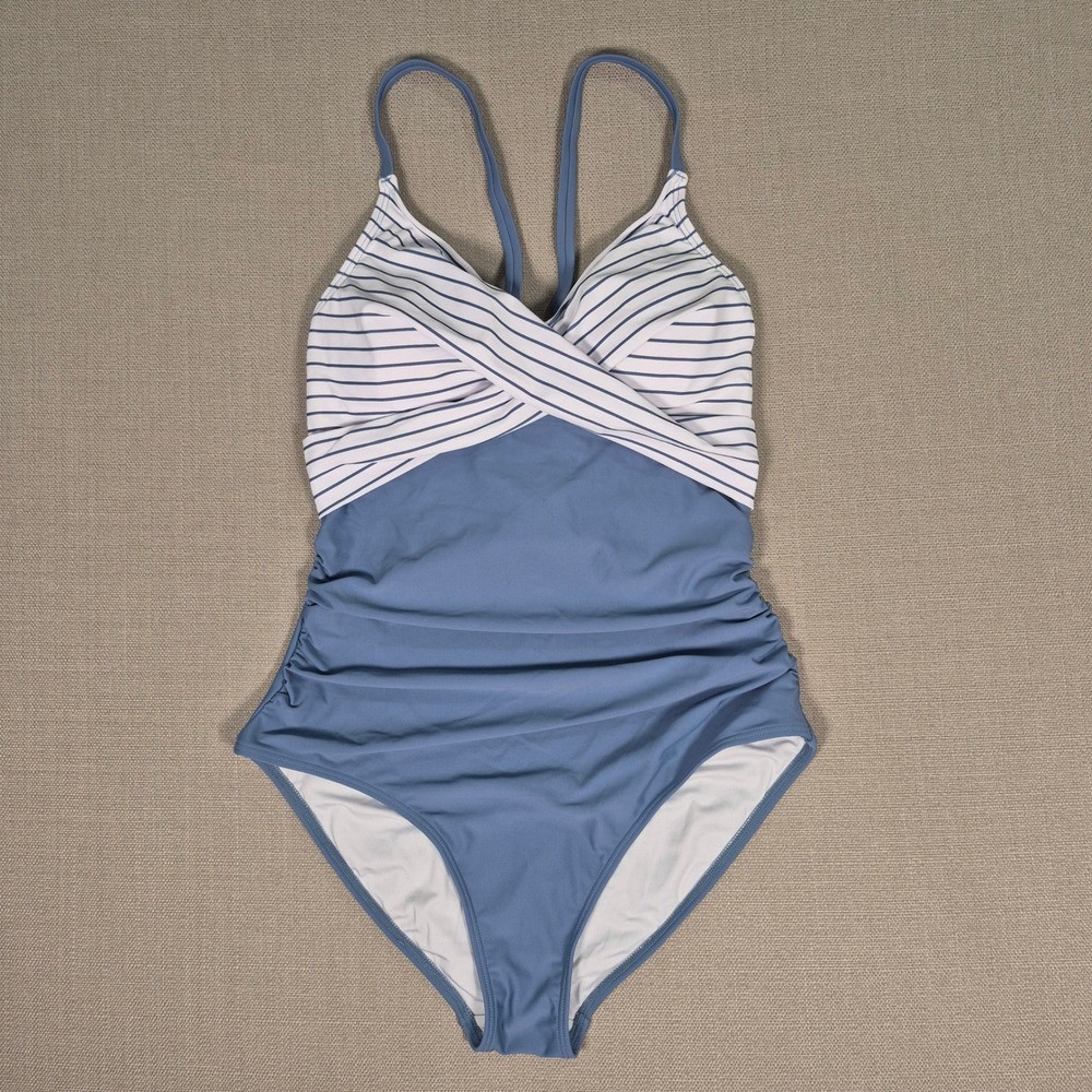 B2PRITY Women Blue Striped Wrap One Piece Swimsuit Tummy Control Size M New